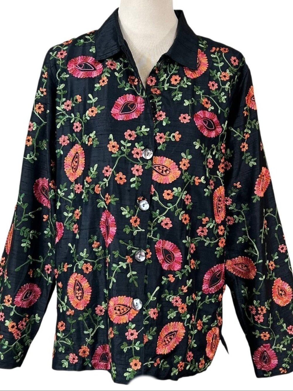 Laura Ashley Black Floral Embroidered Silk Shantung Jacket Top Size M